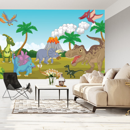 Fototapeta Kolorowe Dinozaury I Wulkan