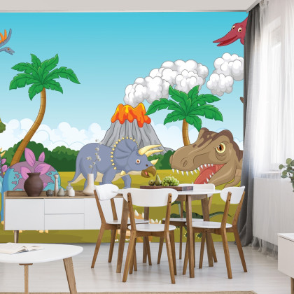 Fototapeta Kolorowe Dinozaury I Wulkan