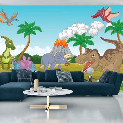 Fototapeta Kolorowe Dinozaury I Wulkan