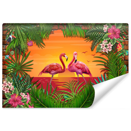 Fototapeta Flamingi Za Ceglaną Ścianą