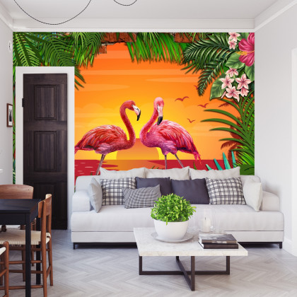 Fototapeta Flamingi Za Ceglaną Ścianą