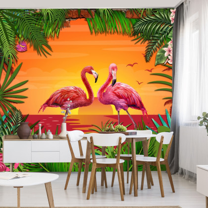 Fototapeta Flamingi Za Ceglaną Ścianą