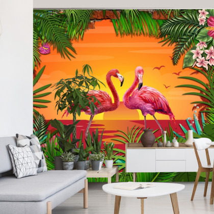 Fototapeta Flamingi Za Ceglaną Ścianą