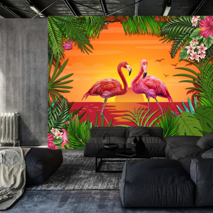 Fototapeta Flamingi Za Ceglaną Ścianą
