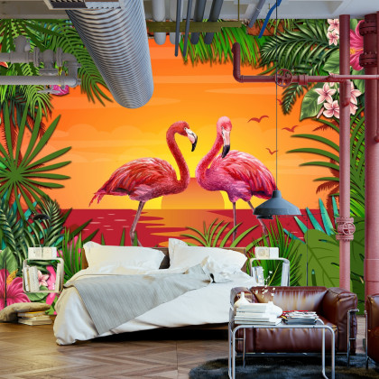 Fototapeta Flamingi Za Ceglaną Ścianą