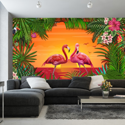 Fototapeta Flamingi Za Ceglaną Ścianą