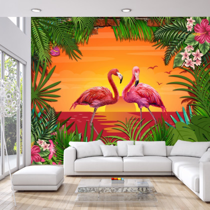 Fototapeta Flamingi Za Ceglaną Ścianą