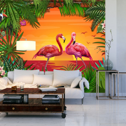Fototapeta Flamingi Za Ceglaną Ścianą