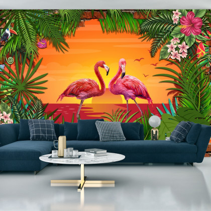 Fototapeta Flamingi Za Ceglaną Ścianą
