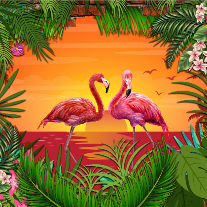 Fototapeta Flamingi Za Ceglaną Ścianą