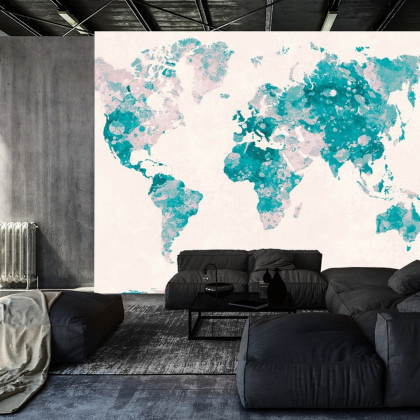 Fototapeta Akwarela Mapa Świata W Kolorze Turkusowym I Różowym