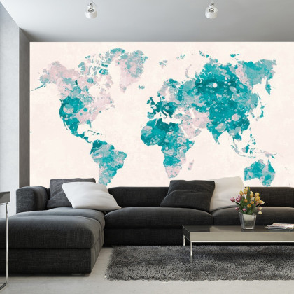 Fototapeta Akwarela Mapa Świata W Kolorze Turkusowym I Różowym