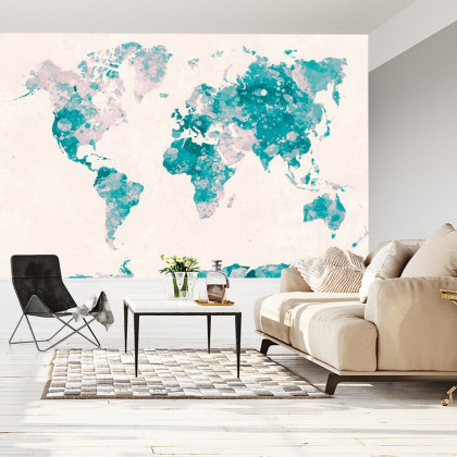 Fototapeta Akwarela Mapa Świata W Kolorze Turkusowym I Różowym