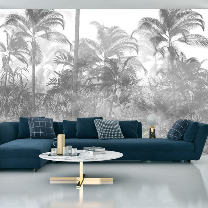Fototapeta Tropical Trees And Leaves In Foggy Forest Wallpaper Design - 3D