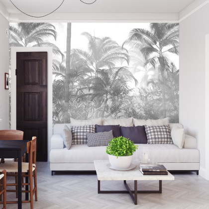 Fototapeta Tropical Trees And Leaves In Foggy Forest Wallpaper Design - 3D