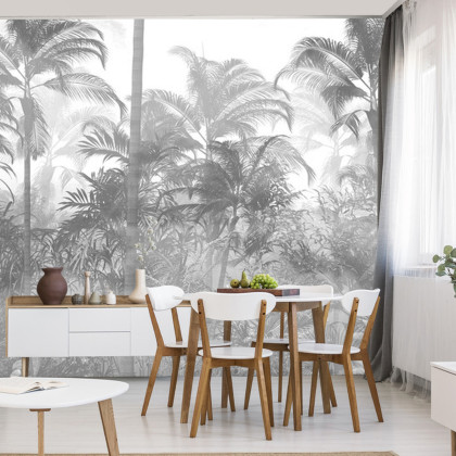 Fototapeta Tropical Trees And Leaves In Foggy Forest Wallpaper Design - 3D