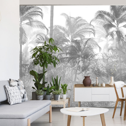 Fototapeta Tropical Trees And Leaves In Foggy Forest Wallpaper Design - 3D