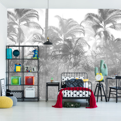 Fototapeta Tropical Trees And Leaves In Foggy Forest Wallpaper Design - 3D