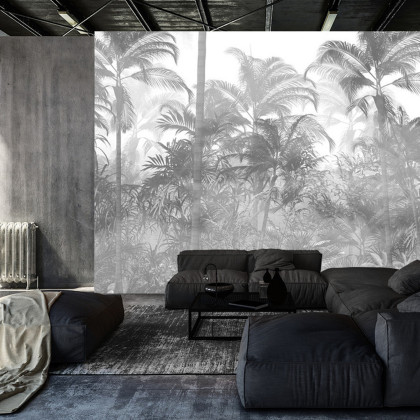 Fototapeta Tropical Trees And Leaves In Foggy Forest Wallpaper Design - 3D