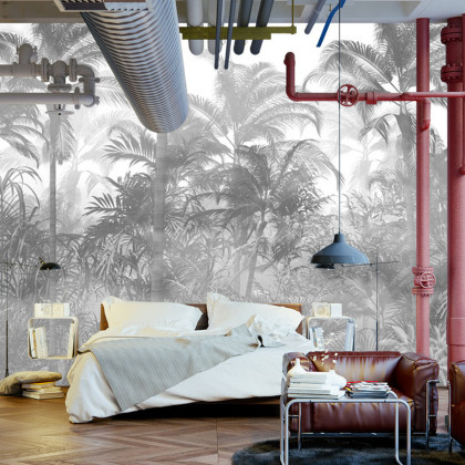 Fototapeta Tropical Trees And Leaves In Foggy Forest Wallpaper Design - 3D