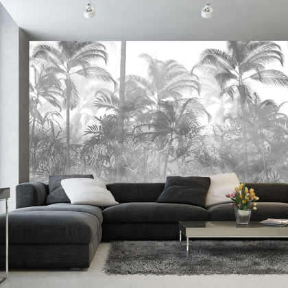 Fototapeta Tropical Trees And Leaves In Foggy Forest Wallpaper Design - 3D