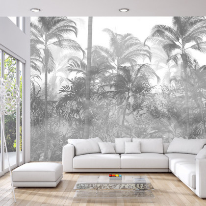 Fototapeta Tropical Trees And Leaves In Foggy Forest Wallpaper Design - 3D