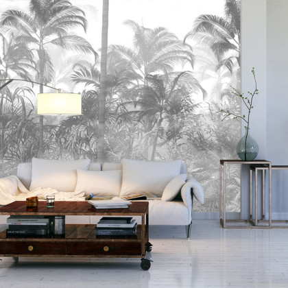 Fototapeta Tropical Trees And Leaves In Foggy Forest Wallpaper Design - 3D