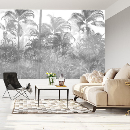 Fototapeta Tropical Trees And Leaves In Foggy Forest Wallpaper Design - 3D