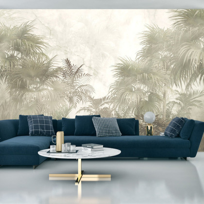 Fototapeta Tropical Trees And Leaves In Foggy Forest Wallpaper Design - 3D