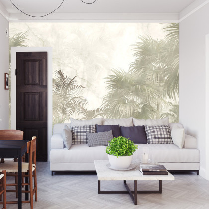 Fototapeta Tropical Trees And Leaves In Foggy Forest Wallpaper Design - 3D