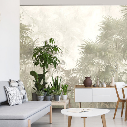 Fototapeta Tropical Trees And Leaves In Foggy Forest Wallpaper Design - 3D