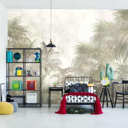Fototapeta Tropical Trees And Leaves In Foggy Forest Wallpaper Design - 3D