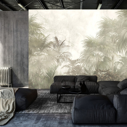 Fototapeta Tropical Trees And Leaves In Foggy Forest Wallpaper Design - 3D