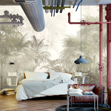 Fototapeta Tropical Trees And Leaves In Foggy Forest Wallpaper Design - 3D