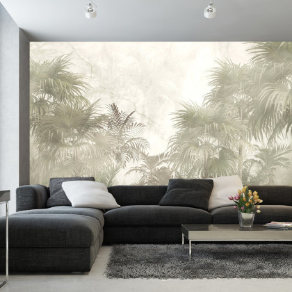 Fototapeta Tropical Trees And Leaves In Foggy Forest Wallpaper Design - 3D
