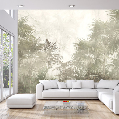 Fototapeta Tropical Trees And Leaves In Foggy Forest Wallpaper Design - 3D