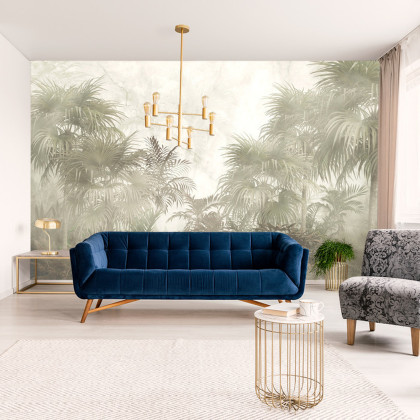 Fototapeta Tropical Trees And Leaves In Foggy Forest Wallpaper Design - 3D