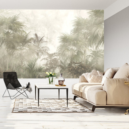 Fototapeta Tropical Trees And Leaves In Foggy Forest Wallpaper Design - 3D