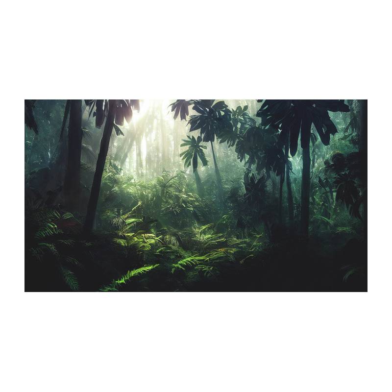 Fototapeta Dark Rainforest, Sun Rays Through The Trees, Rich Jungle Greenery. Atmospheric Fantasy Forest. 3D .
