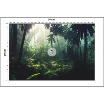 Fototapeta Dark Rainforest, Sun Rays Through The Trees, Rich Jungle Greenery. Atmospheric Fantasy Forest. 3D .