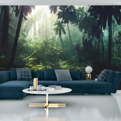 Fototapeta Dark Rainforest, Sun Rays Through The Trees, Rich Jungle Greenery. Atmospheric Fantasy Forest. 3D .