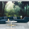 Fototapeta Dark Rainforest, Sun Rays Through The Trees, Rich Jungle Greenery. Atmospheric Fantasy Forest. 3D .