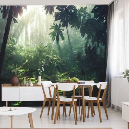 Fototapeta Dark Rainforest, Sun Rays Through The Trees, Rich Jungle Greenery. Atmospheric Fantasy Forest. 3D .