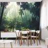 Fototapeta Dark Rainforest, Sun Rays Through The Trees, Rich Jungle Greenery. Atmospheric Fantasy Forest. 3D .
