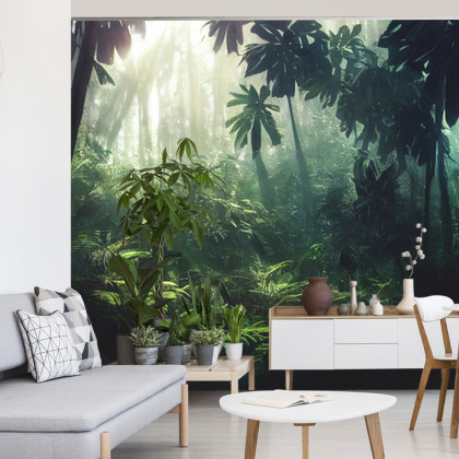 Fototapeta Dark Rainforest, Sun Rays Through The Trees, Rich Jungle Greenery. Atmospheric Fantasy Forest. 3D .
