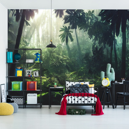 Fototapeta Dark Rainforest, Sun Rays Through The Trees, Rich Jungle Greenery. Atmospheric Fantasy Forest. 3D .
