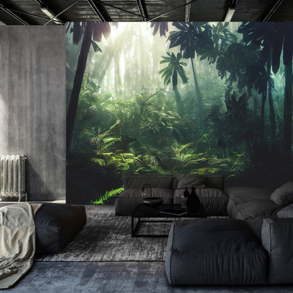 Fototapeta Dark Rainforest, Sun Rays Through The Trees, Rich Jungle Greenery. Atmospheric Fantasy Forest. 3D .