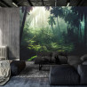 Fototapeta Dark Rainforest, Sun Rays Through The Trees, Rich Jungle Greenery. Atmospheric Fantasy Forest. 3D .