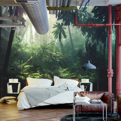 Fototapeta Dark Rainforest, Sun Rays Through The Trees, Rich Jungle Greenery. Atmospheric Fantasy Forest. 3D .