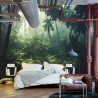 Fototapeta Dark Rainforest, Sun Rays Through The Trees, Rich Jungle Greenery. Atmospheric Fantasy Forest. 3D .
